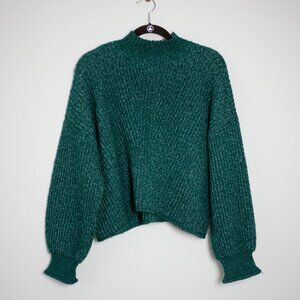Green Sweater Cropped Chunky Knit with Balloon Sleeves L/XL